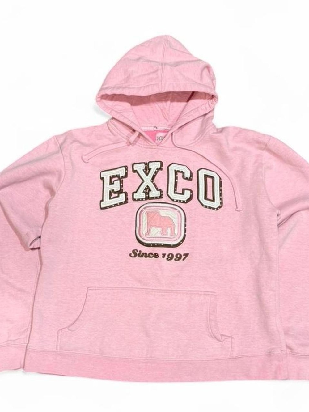 Y2K Exco Puff Print Embroidered Boxy Pink Boxy Cropped Hoodie
